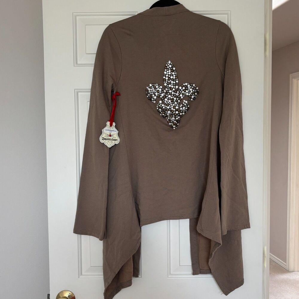 NWT Twisted Heart Crystal Fleur de Lis Waterfall Cardigan Taupe S